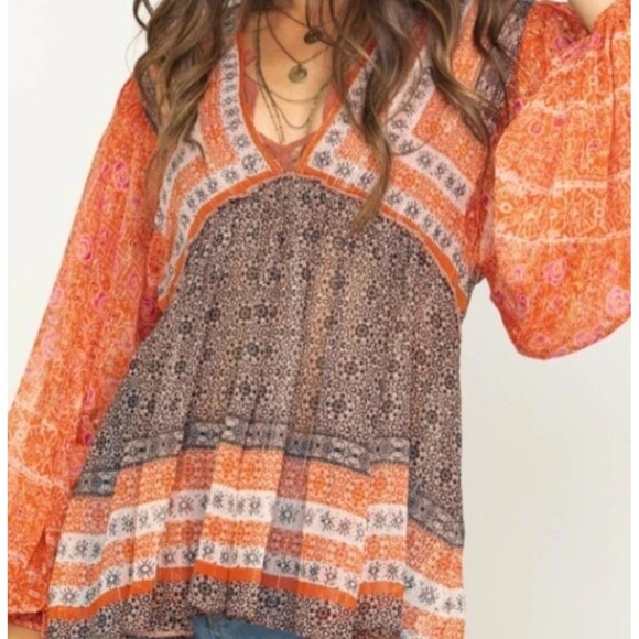 Free People Aliyah Boho Patchwork Tunic Top Sz XS Festival Orange Metallic NWOT - Picture 7 of 12